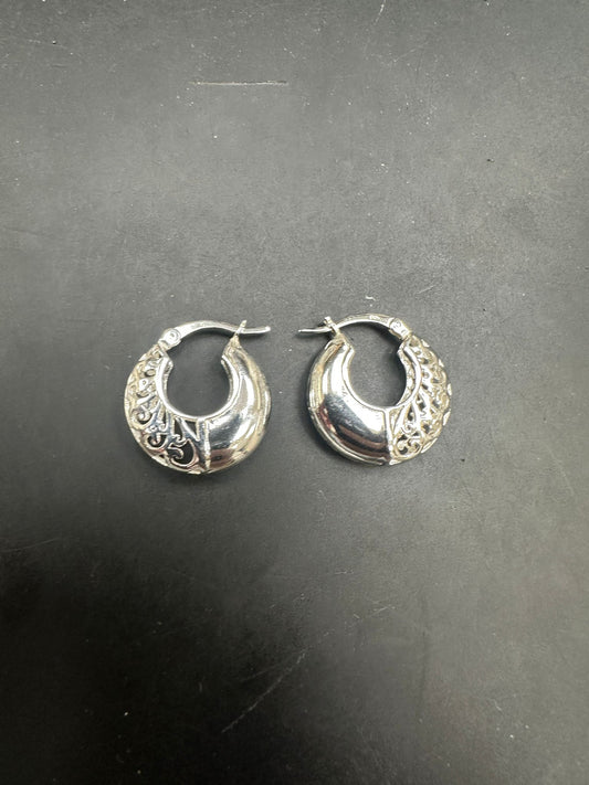Sterling Silver Patterned Hoop Earrings EP10245 showcased on a black background, highlighting their intricate design.