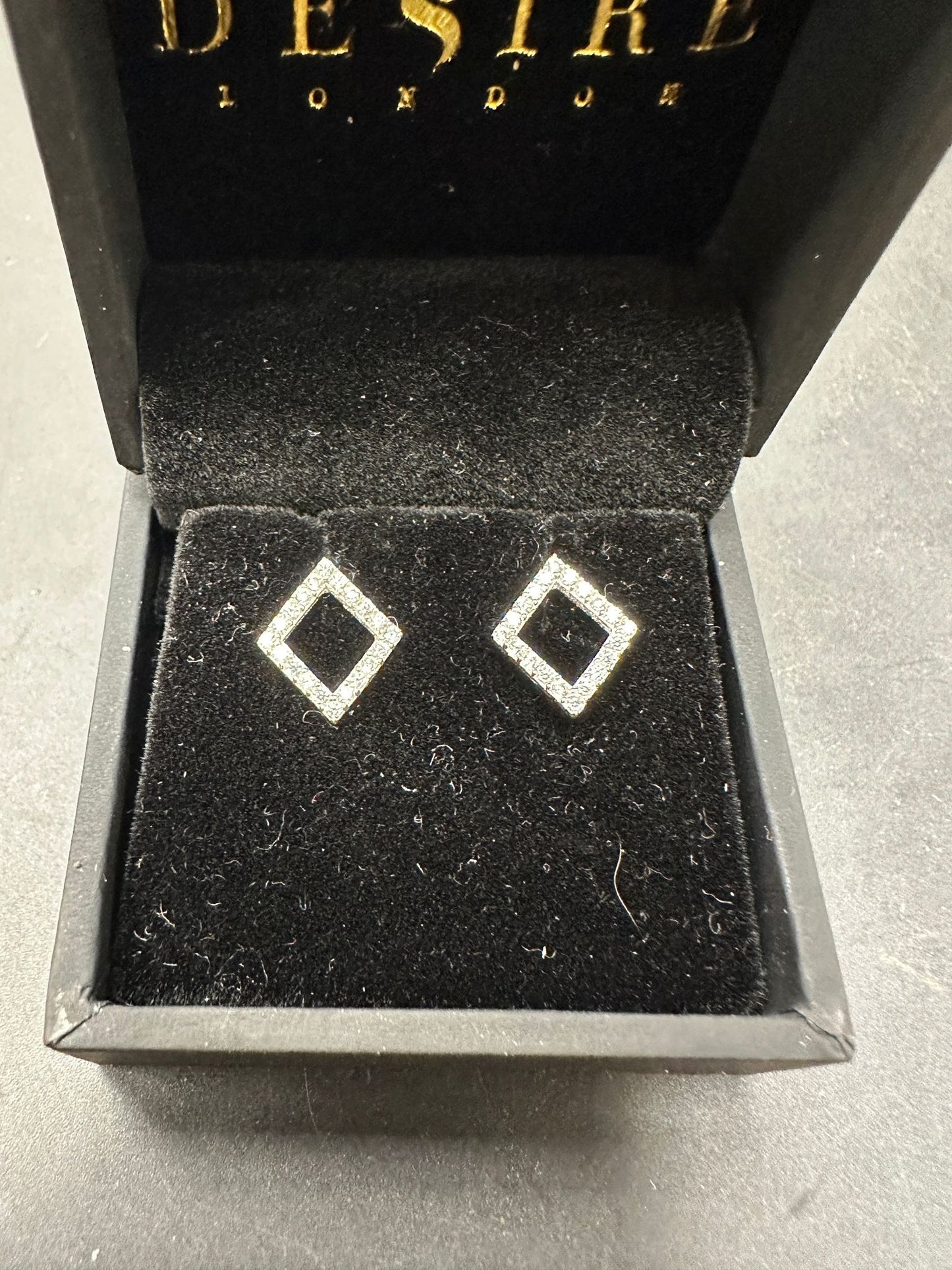 Sterling Silver Open Square Cz Stud Earring EP917 displayed in a box, sterling silver cz stud earrings.