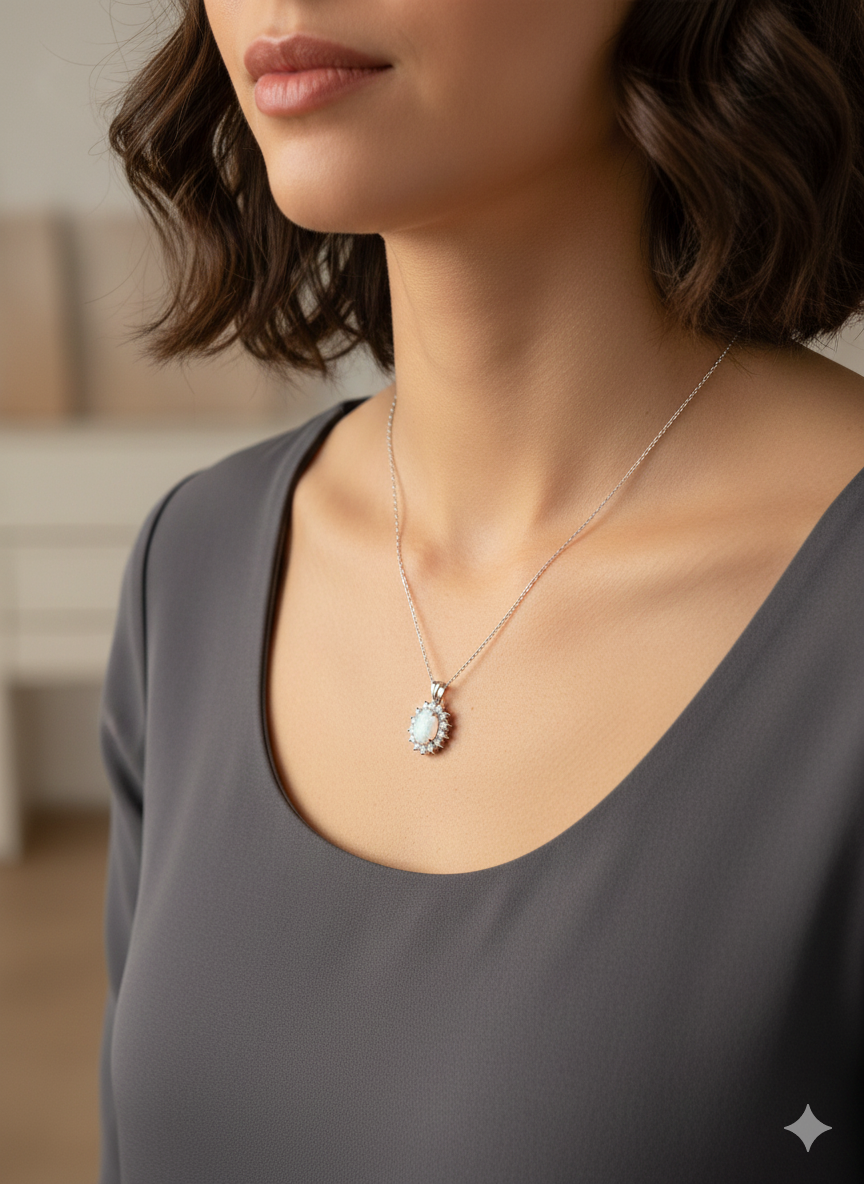 Sterling Silver Necklace Opal Stone NCZ164