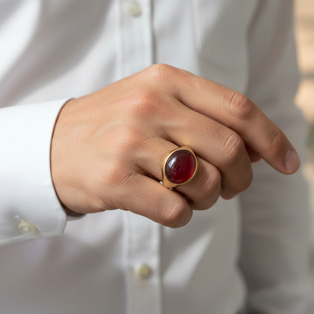 Gold ring with a red stone on a black background