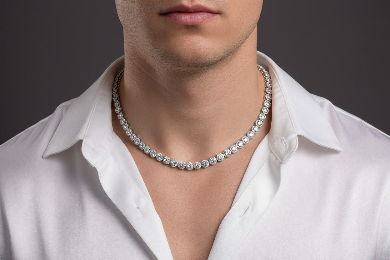 silver necklace with round halo cz stones