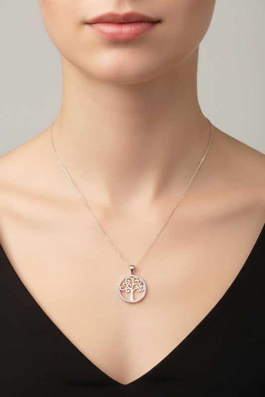 Sterling Silver Plain Tree of Life Necklace NCZ014 worn by a model, showcasing the beautiful design of the tree of life necklace.