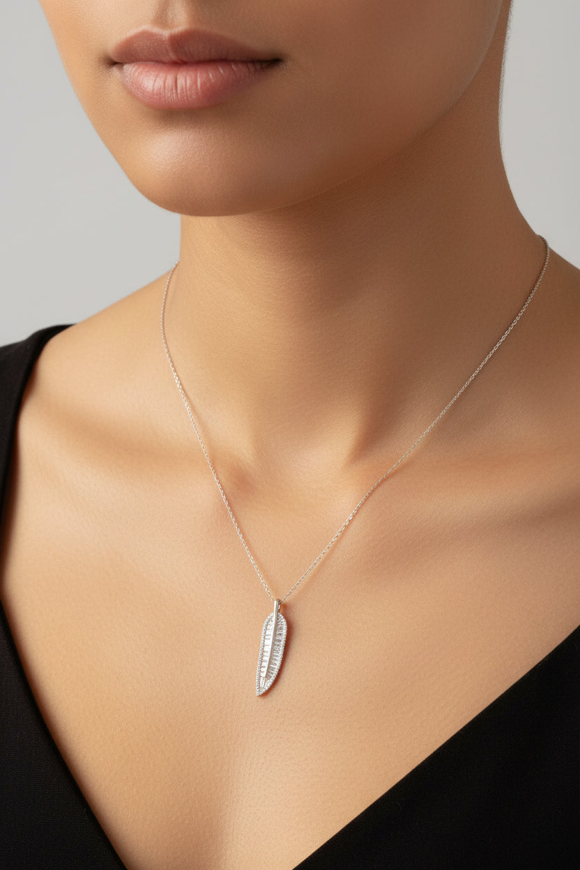 Sterling Silver Leaf Necklace CZ Stone NCZ10042