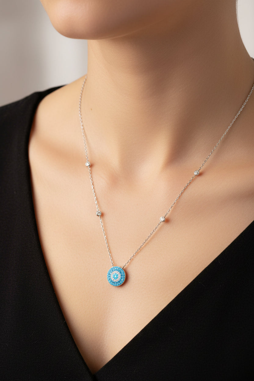 Sterling Silver Evil Eye Necklace CZ Stone NCZ10083