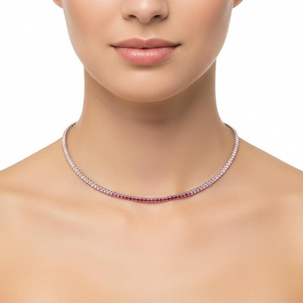 Sterling Silver 17" Tennis Necklace Pink-White 3 MM CZ Stone NCZ106PW