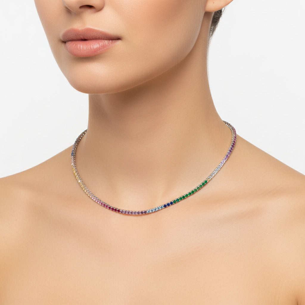 Sterling Silver 17" Tennis Necklace Rainbow CZ Stone NCZ106RBW