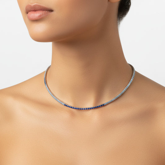 Sterling Silver 17" Tennis Necklace Blue-White 3 MM CZ Stone NCZ106BW