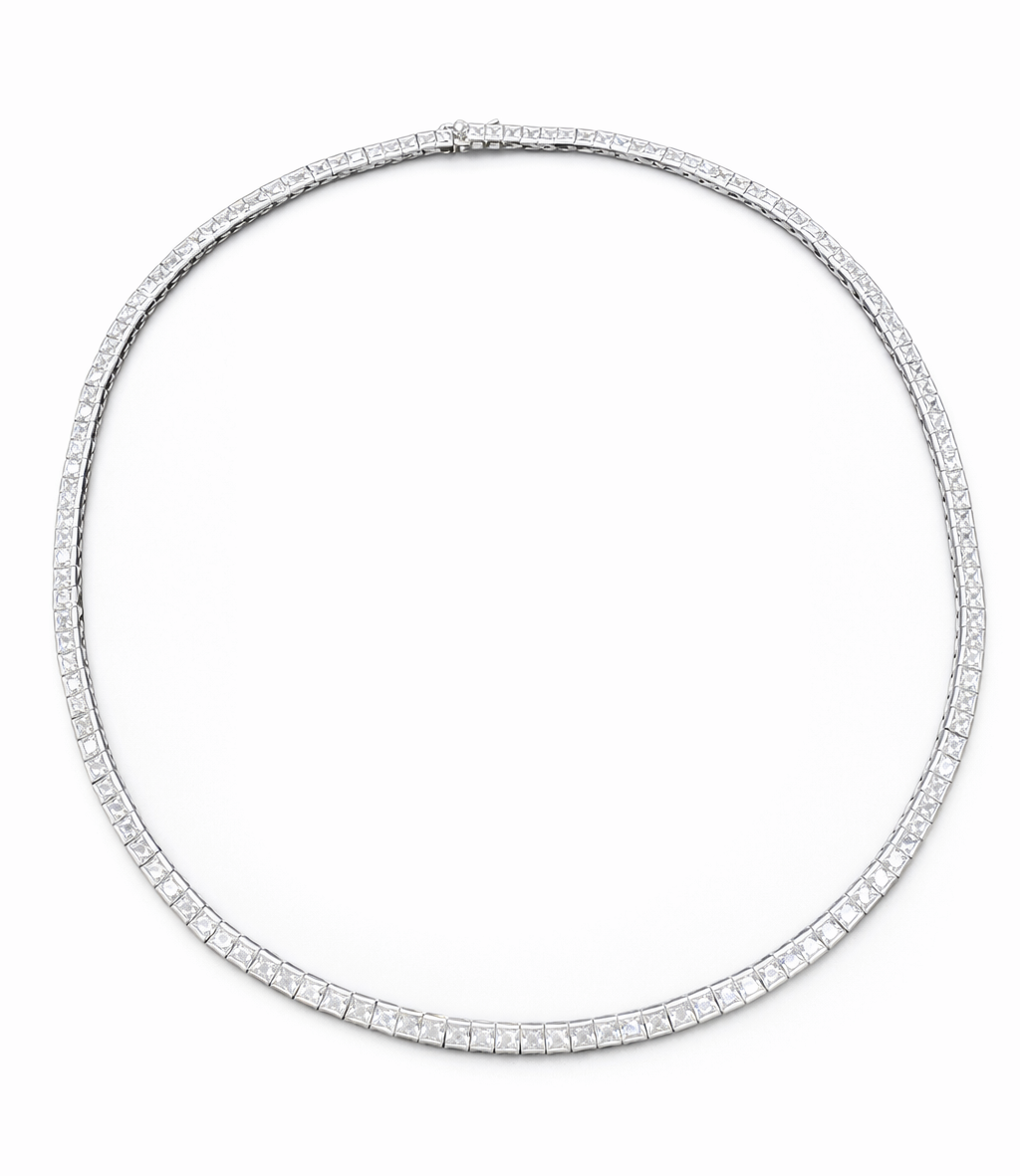 Sterling Silver 18" Tennis Necklace 3 MM Square CZ Stone NCZ104