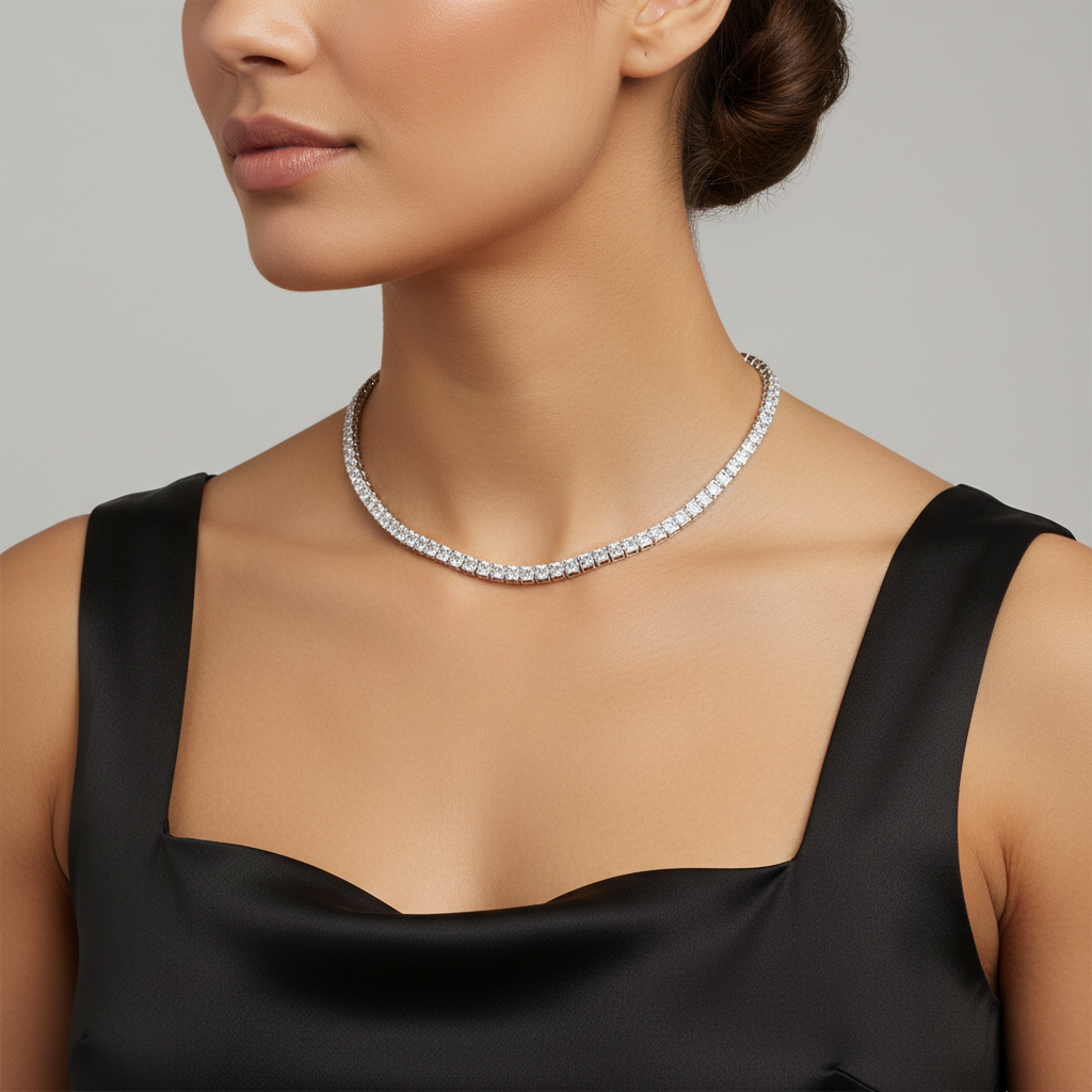 Silver tennis necklace with small princes cut diamante 