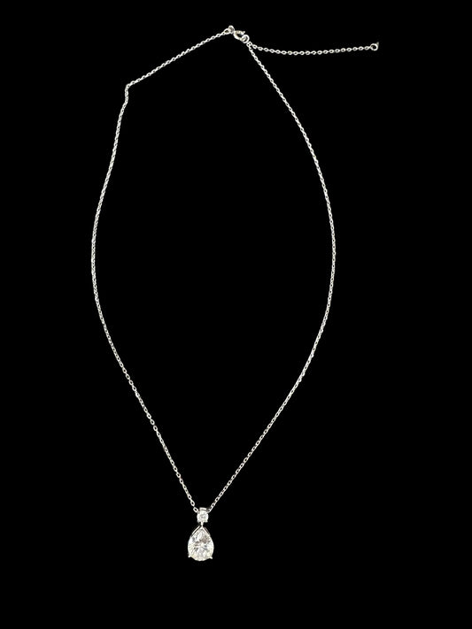 pear cut sterling silver necklace with diamond pendant set on a delicate chain.