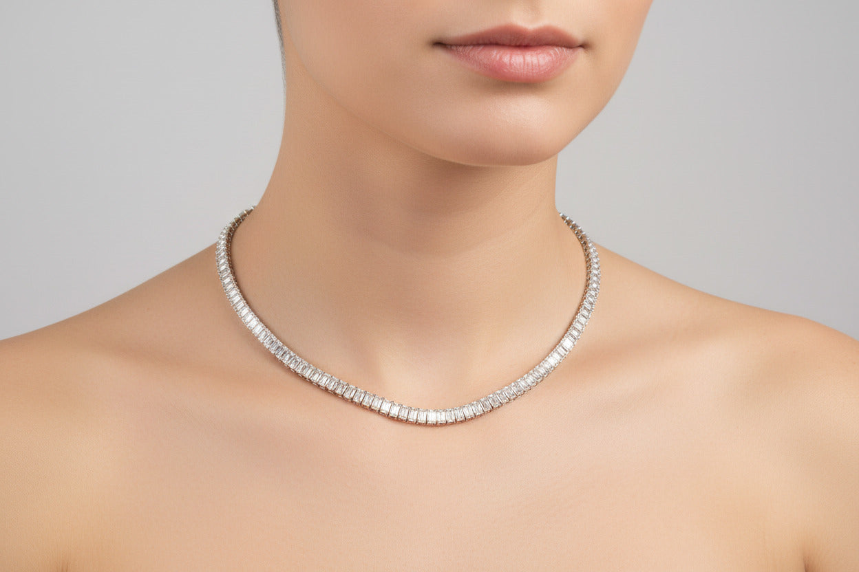 Silver necklace with emerald cut stones