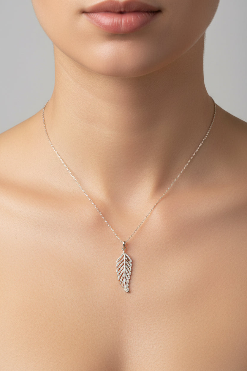 Sterling Silver Leaf Necklace CZ Stone NCZ618Y
