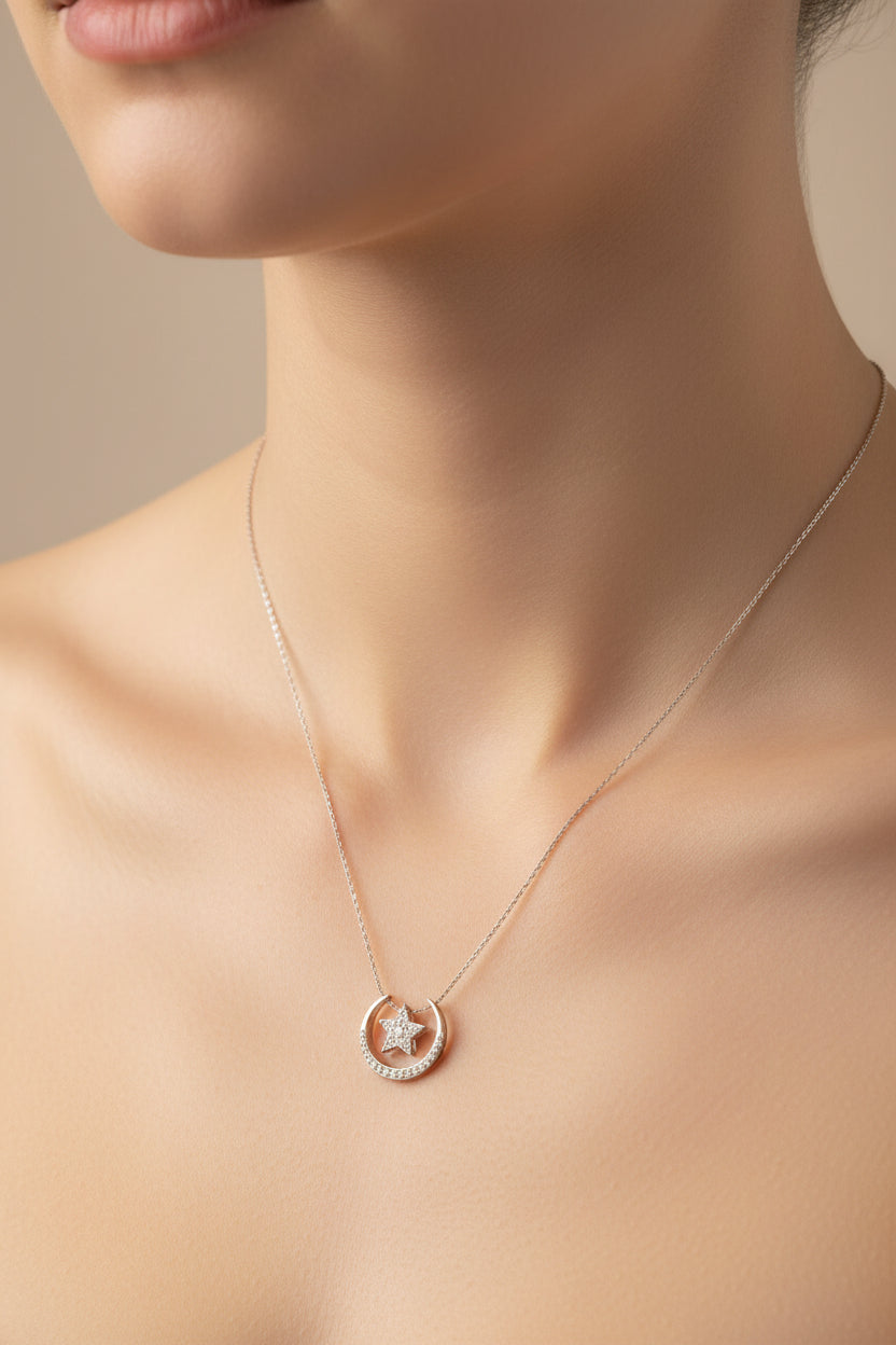 Sterling Silver Moon&Star Necklace CZ Stone NCZ9557