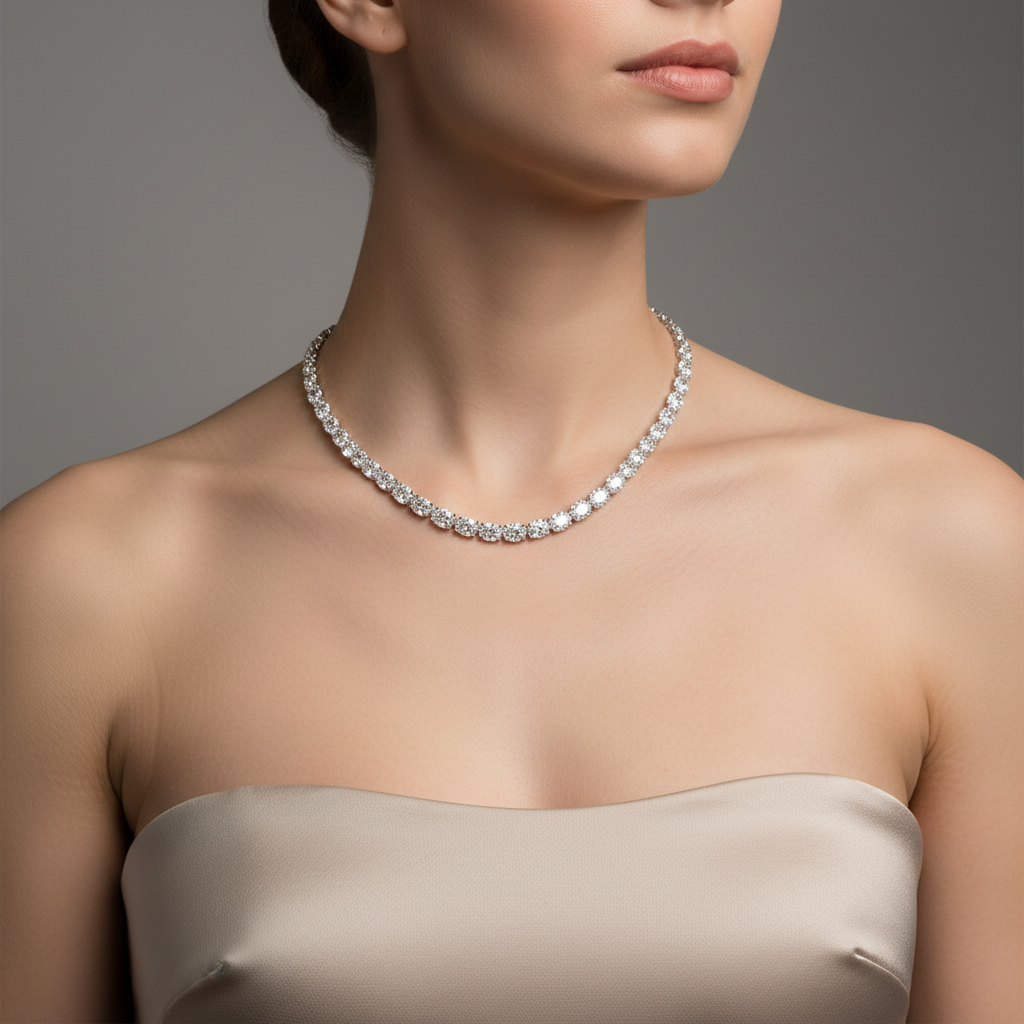 Silver necklace with clear oval cubic zircon stones 