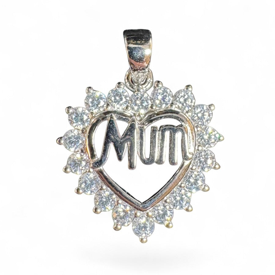 Sterling Silver Heart Shape Mum Pendant CZ Stone PCZ10066