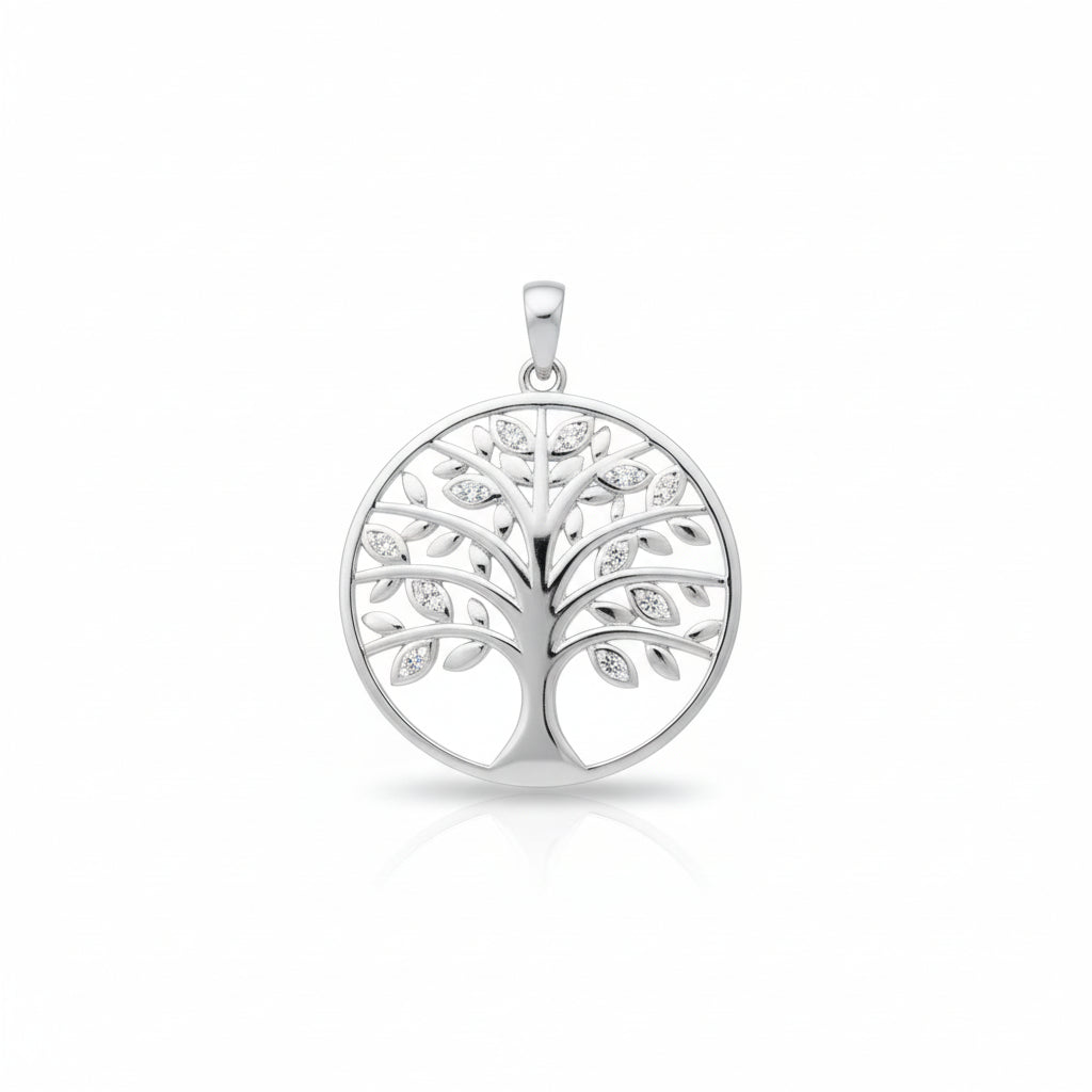 Sterling silver tree of life pendant featuring a stylish design with sparkling CZ stones.