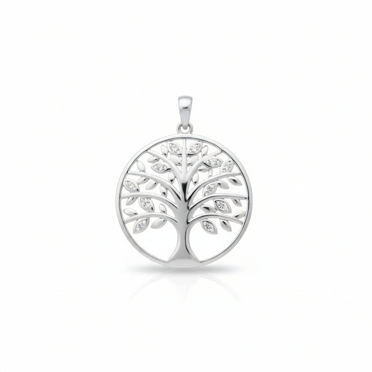Sterling silver tree of life pendant featuring a stylish design with sparkling CZ stones.