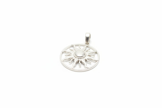 Sterling silver sun pendant featuring a detailed sun design with a central stone.