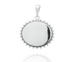 Sterling silver sun pendant with a shiny, plain surface and sunray design, 20 mm in size.