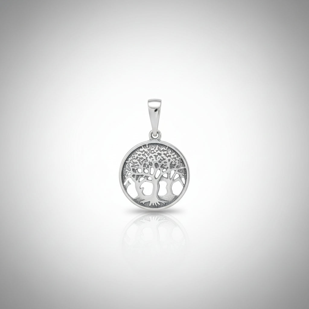 Sterling Silver Tree of Life Pendant PP020010273 showcasing intricate tree design on a round pendant.