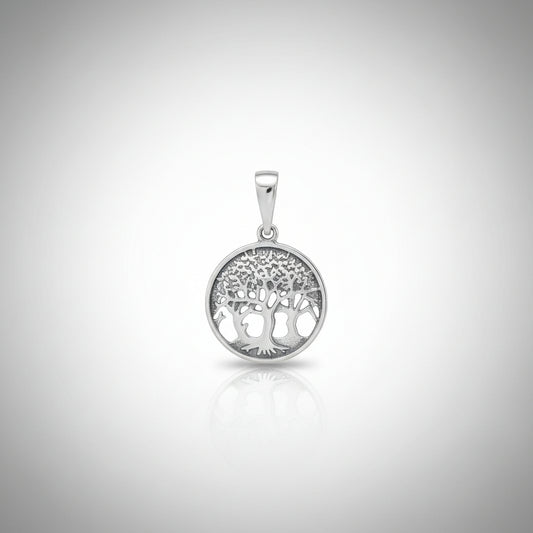 Sterling Silver Tree of Life Pendant PP020010273 showcasing intricate tree design on a round pendant.