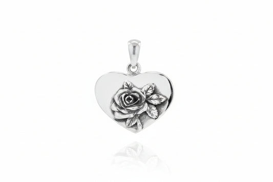 Sterling silver heart pendant featuring a rose design, dimensions 3 x 16 x 18 mm, elegant and romantic jewelry piece.
