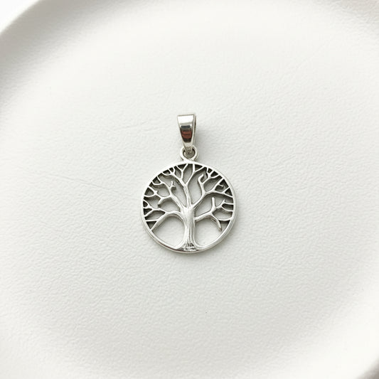 Sterling Silver Plain Tree of Life Pendant PP021270071 displayed on a plate, featuring intricate tree design.