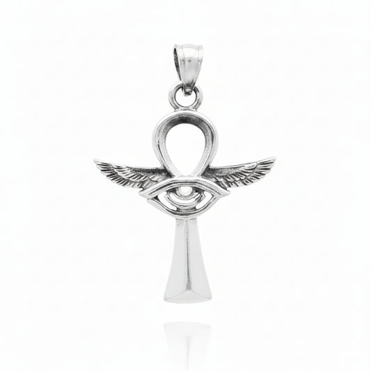 Sterling Silver Wings & Eye Ankh Cross Pendant PP021620016, a sterling silver ankh cross pendant measuring 24x31mm.