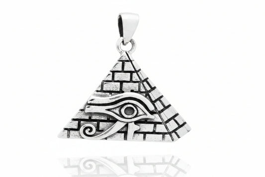 Sterling Silver Eye Of Horus Pyramid Pendant PP021620073, 28x24mm, showcasing intricate detailing of the Eye of Horus pyramid pendant.