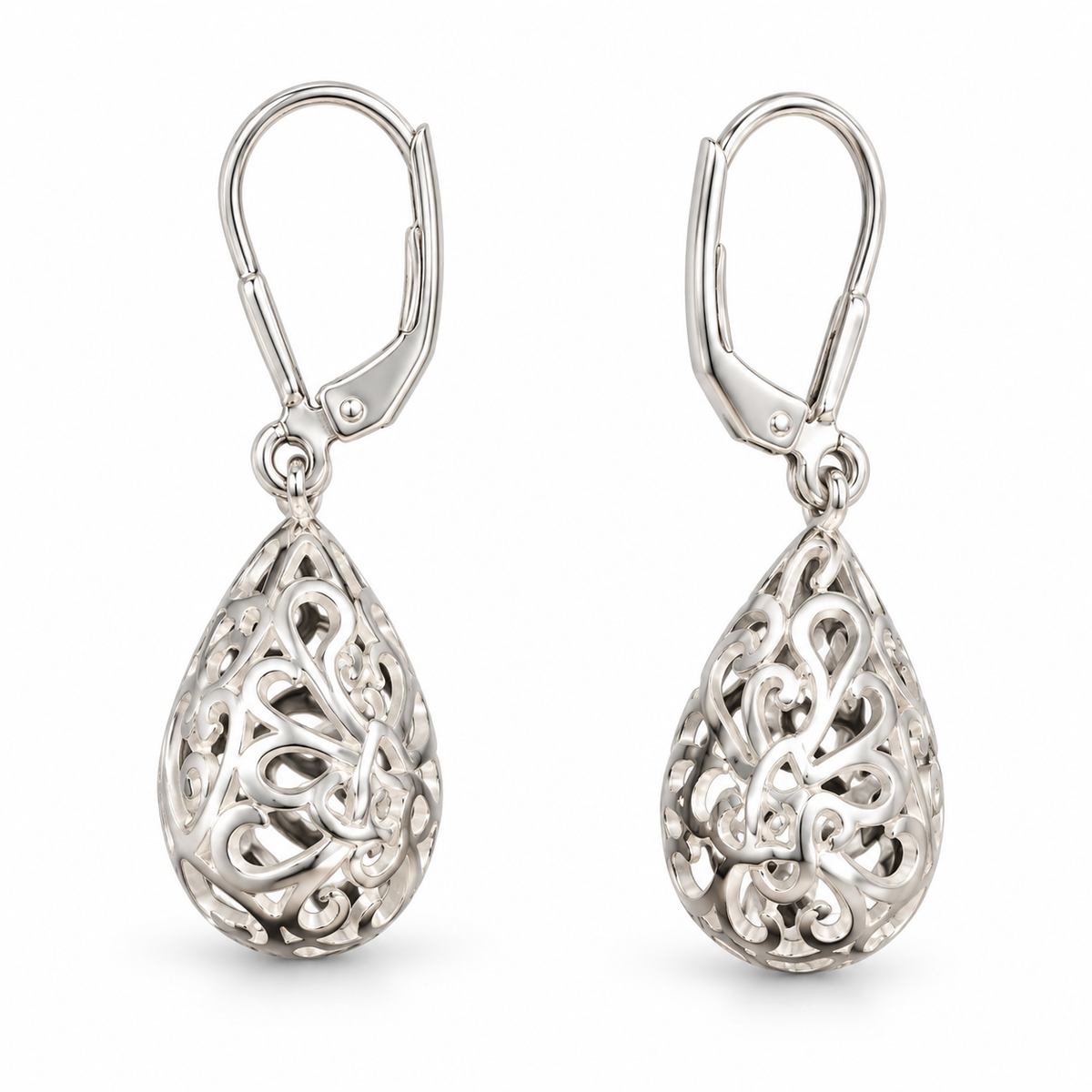 Sterling Silver Filigree Puffed Teardrop Earrings ECZ184692