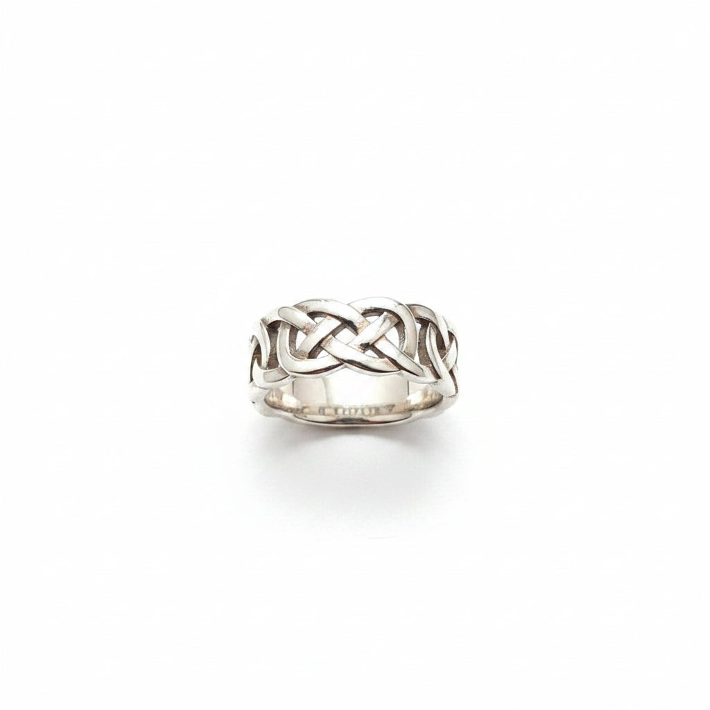 Sterling Silver Celtic Ring RCZ3490 displayed in a Desire ring box, featuring intricate Celtic designs, Celtic sterling silver ring.