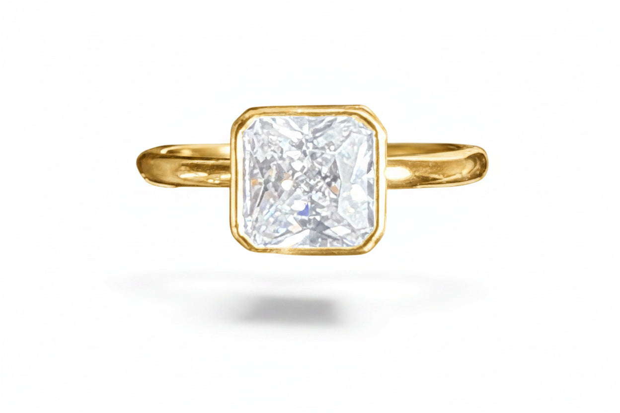 Sterling Silver Bezel Set Radiant Cut Ring Round CZ Stone RCZ2337