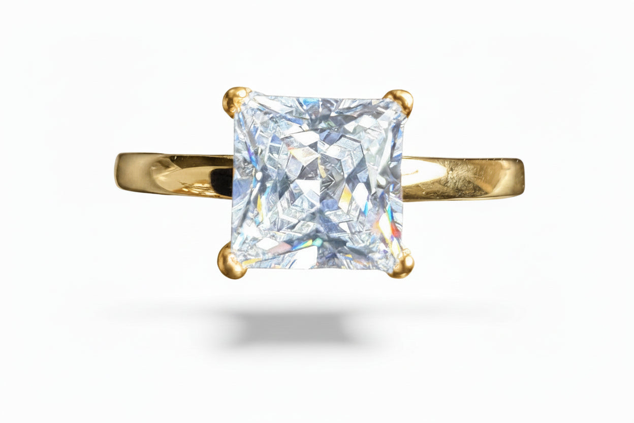 Princess cut sterling silver ring with 8mm CZ stone, gold plated design showcasing sparkling elegance.
