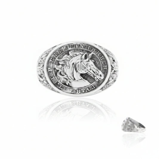 Sterling Silver Plain Horse Ring TQ020010490, a detailed sterling silver horse ring 17mm featuring a unique horse design.