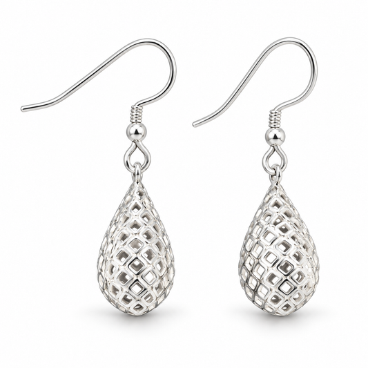 Sterling Silver Filigree Puffed Teardrop Earrings ECZ248467