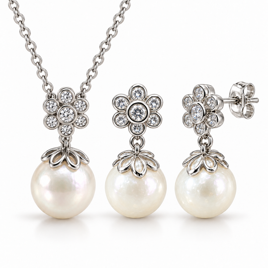 Sterling Silver Pearl Earring-Necklace Set NECZ2607167