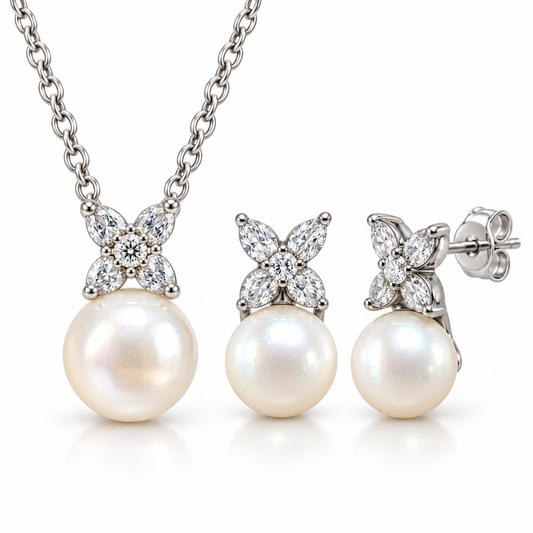 Sterling Silver Pearl Earring-Necklace Set NECZ2607166