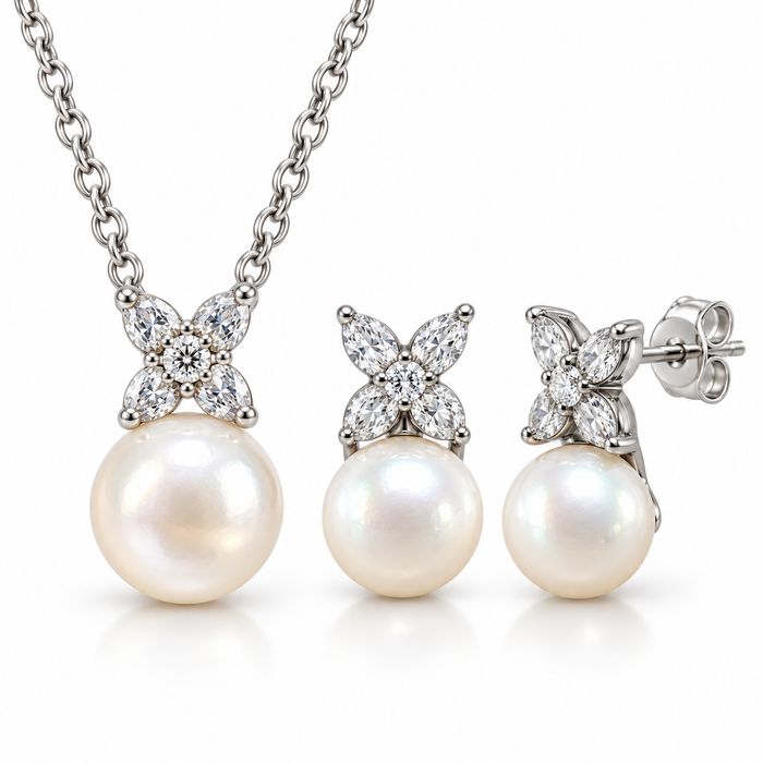 Sterling Silver Pearl Earring-Necklace Set NECZ2607166