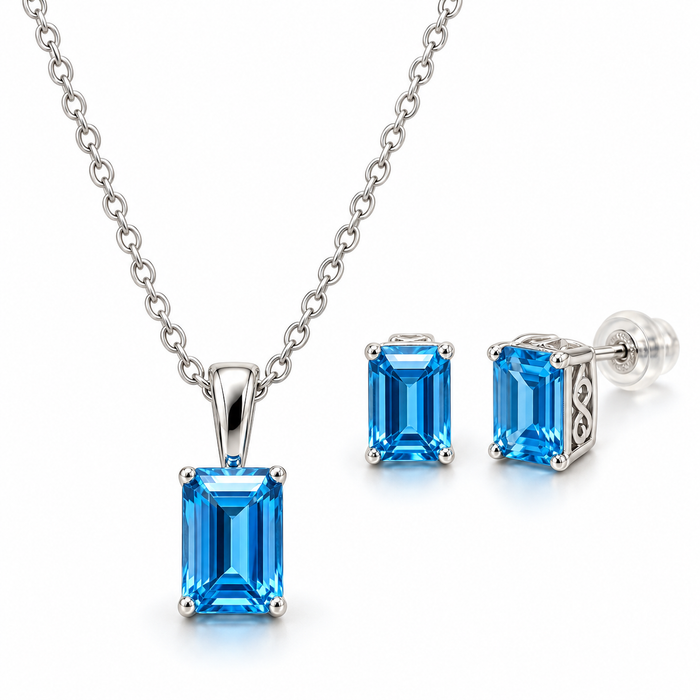 Sterling Silver Emerald Cut Necklace-Earring Set NECZ10180