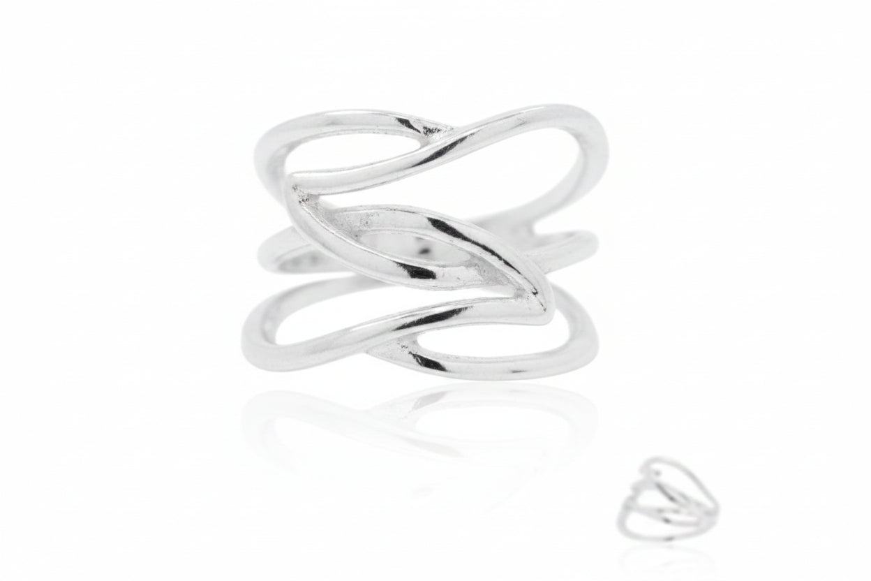 Sterling silver interwoven wave design silver ring with elegant curves and shine.