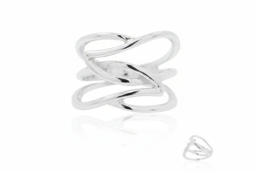 Sterling silver interwoven wave design silver ring with elegant curves and shine.