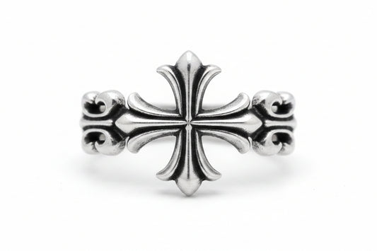 Sterling silver cross ring featuring an ornate design, measuring 9 x 20 mm.
