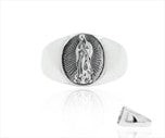 Our Lady of Guadalupe sterling silver ring featuring a detailed engraving of Our Lady against a polished band.