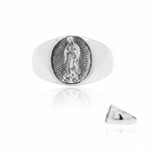 Our Lady of Guadalupe sterling silver ring featuring a detailed engraving of Our Lady against a polished band.