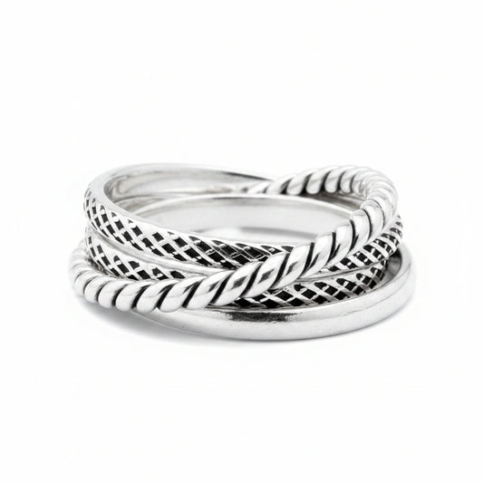 Sterling Silver Triple Ring TQ020690076 featuring intricate braided and twisted designs. Perfect for stacking or solo wear.