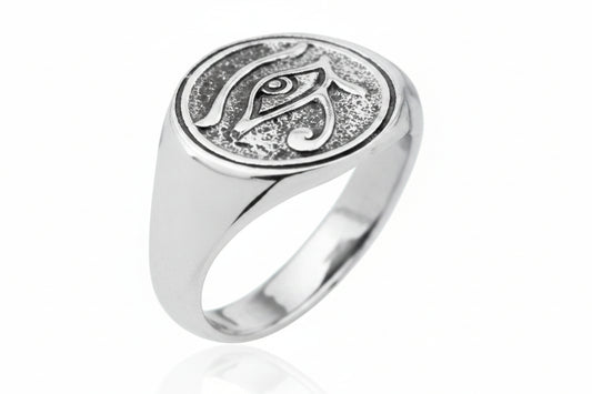 Sterling Silver Eye Of Horus Ring displayed with a round design and polished finish, 12 mm.