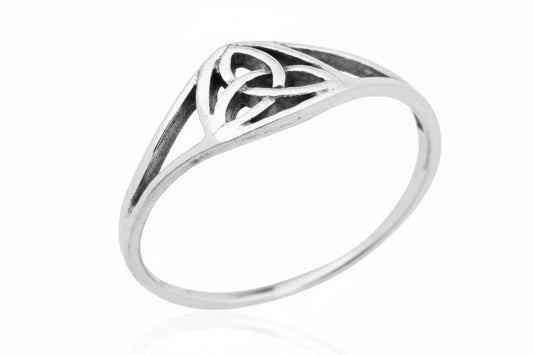 Celtic silver ring 8mm featuring intricate knot design in polished sterling silver.
