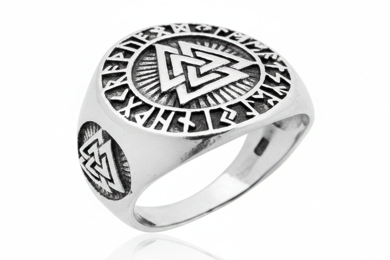 Sterling Silver Valknut Symbol Ring TQ021620364 showcasing intricate design and craftsmanship, 17 MM, sterling silver valknut ring.