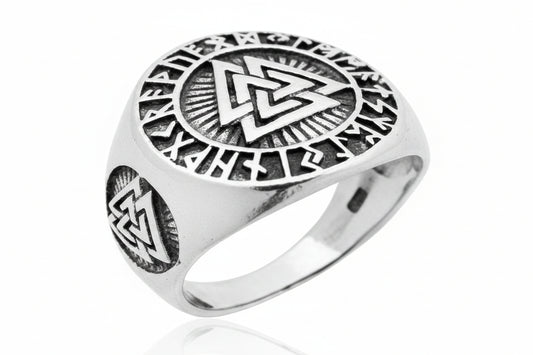 Sterling Silver Valknut Symbol Ring TQ021620364 showcasing intricate design and craftsmanship, 17 MM, sterling silver valknut ring.