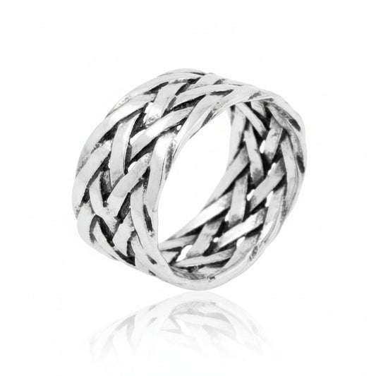 10mm sterling silver braided ring on a white background, showcasing a unique woven design.